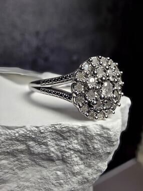 S7 0.23ct Natural White Diamond Cluster Split Band Ring 925 Sterling Silver